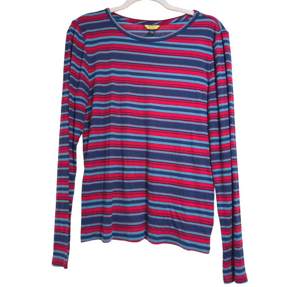 Prince & Fox Womens XL Red Blue Striped Long Sleeve‎ Ribbed Knit Crew Neck Top